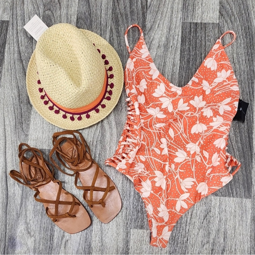 $90 (SW-3) Stone Cold Fox Swimsuit
Mystique Sandals & Hat